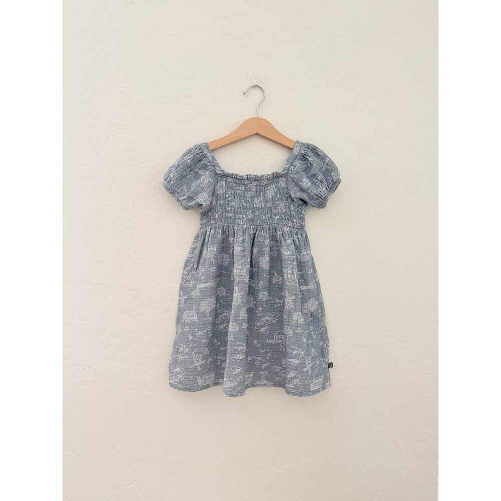 Modern Moments Gerber Girls 3T Blue Toile Muslin Smocked Puff Sleeve Dress